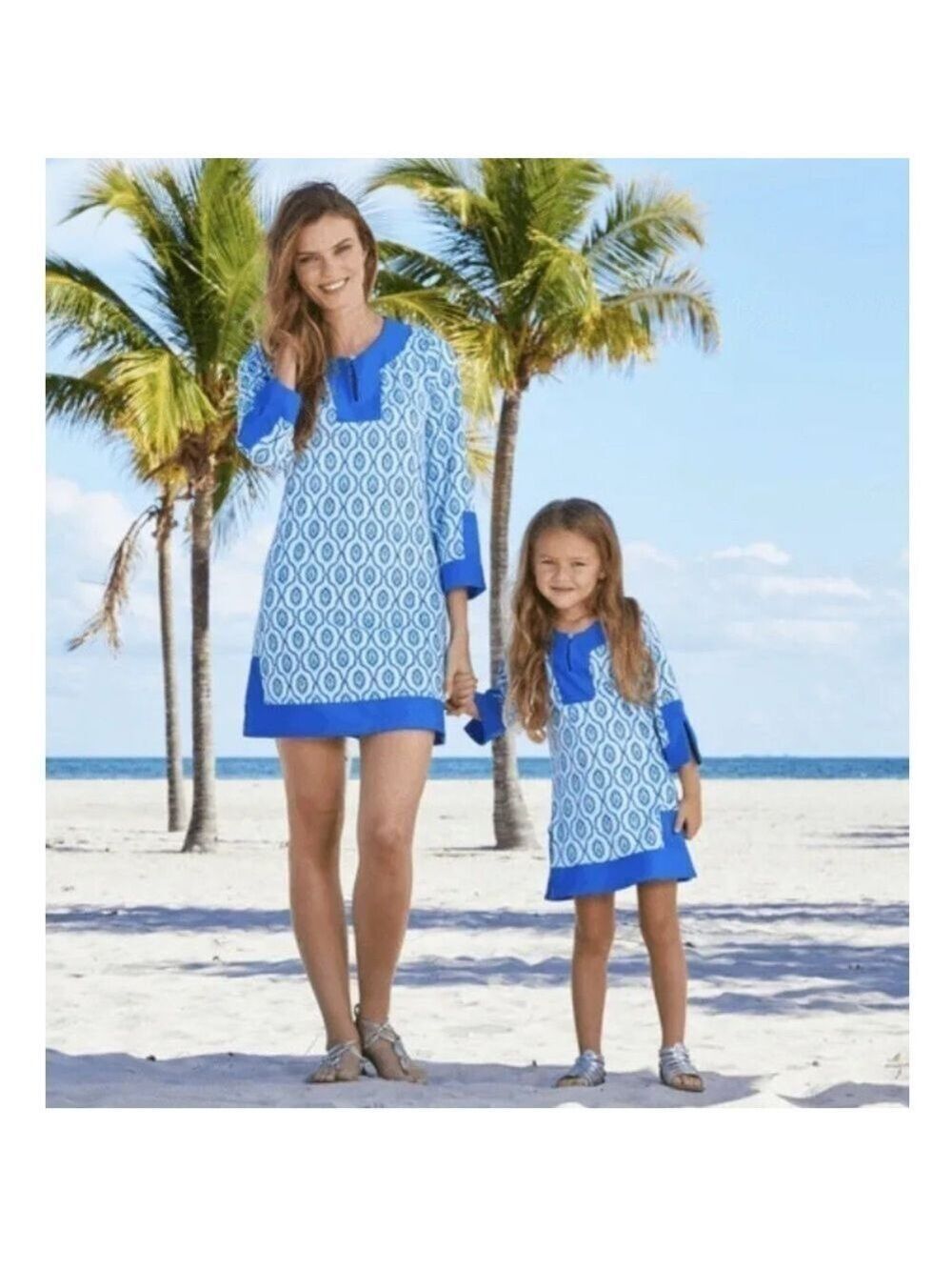 CABANA LIFE Women's Cabana Tunic Dress Blue White Teal Geometric Coverup L